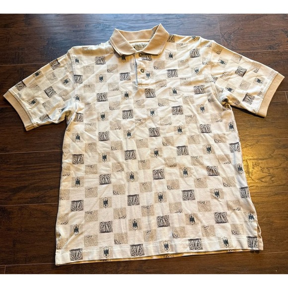 St. John's Bay Other - Vintage St. John's Bay All Over Print Polo Shirt Men M Beige Tribal USA Made 90s